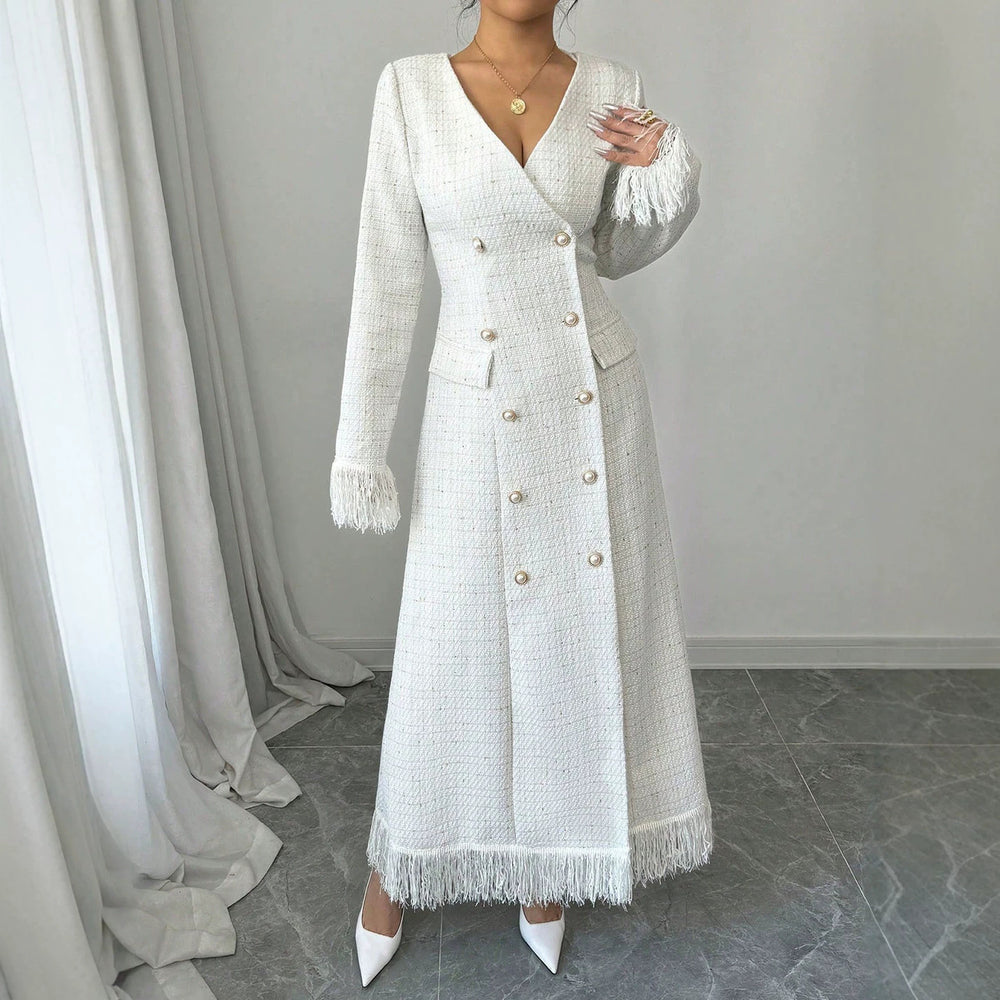 socialite style tweed longoutwear double row pearl button tassel patchworkslimming look silmdress