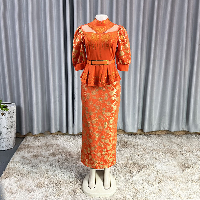 Plus size fashion solid color women's new african hot stamping rhinestone print set cross-border cinched waist dress