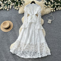 Light mature style classyelegancelacelong sleevesdressfemalefrenchheavy industry crochet waist silmlong skirt dress