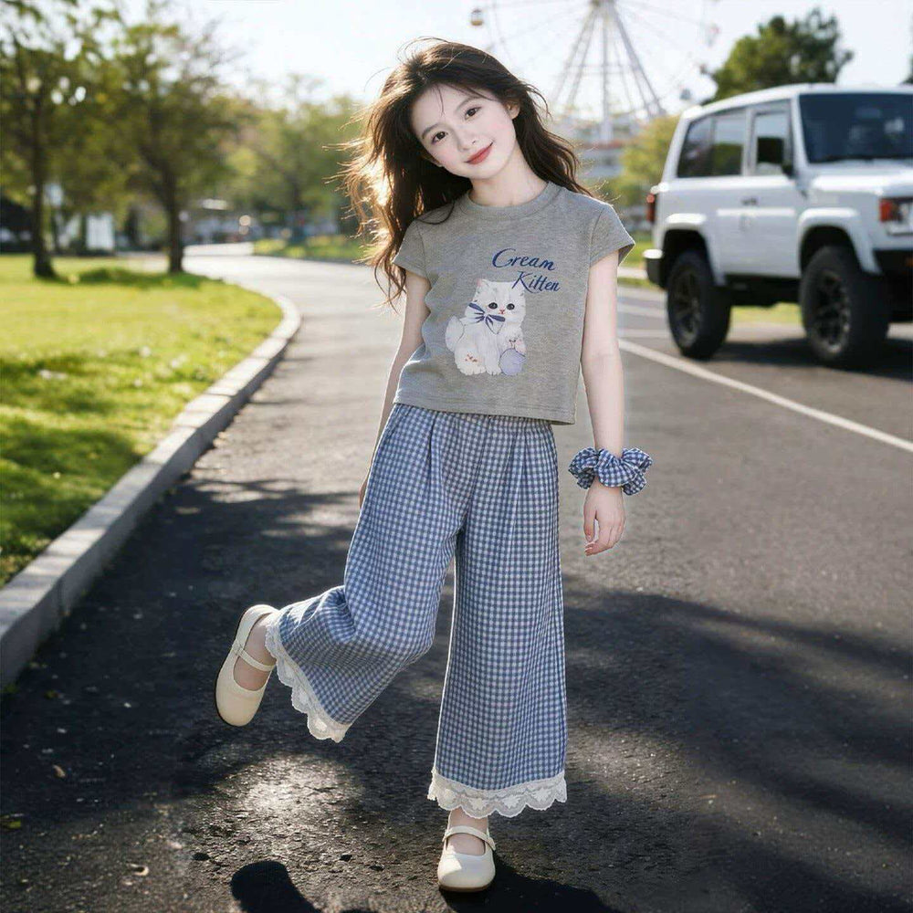 Girls' printed short-sleeve t-shirt set - new summer  collection: kids' summer outfit for girls, featuring a lace-trimmed plaid skirt two-piece set