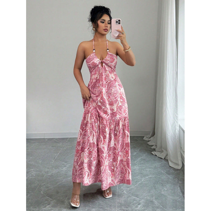 Women's halter neck backless bow tie waist long dress, perfect for vacation and casual wear, summer fashion apparel