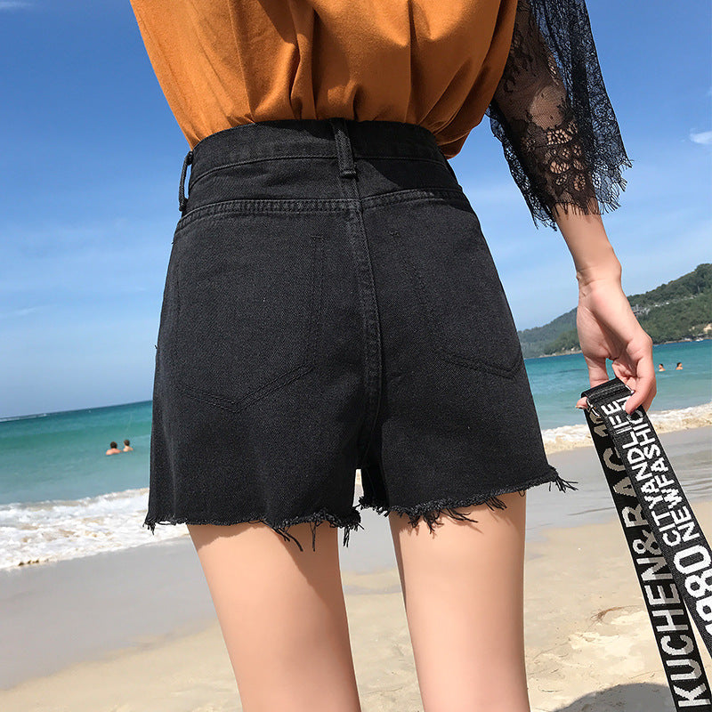 Ready-to-ship, hot-selling ripped denim shorts for women. new summer styles, trendy high-waisted, frayed-edge, wide-leg denim shorts, straight from the ins