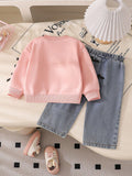 Casual bowknot embroidered black long-sleeve baby sweatshirt and jeans set - girls' two-piece outfit