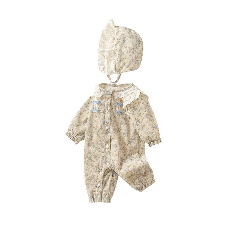 Fall/winter  country chic baby romper, class a floral print, fleece-lined, baby girl's crawling suit, long-sleeve, instagram-ready infant outfit