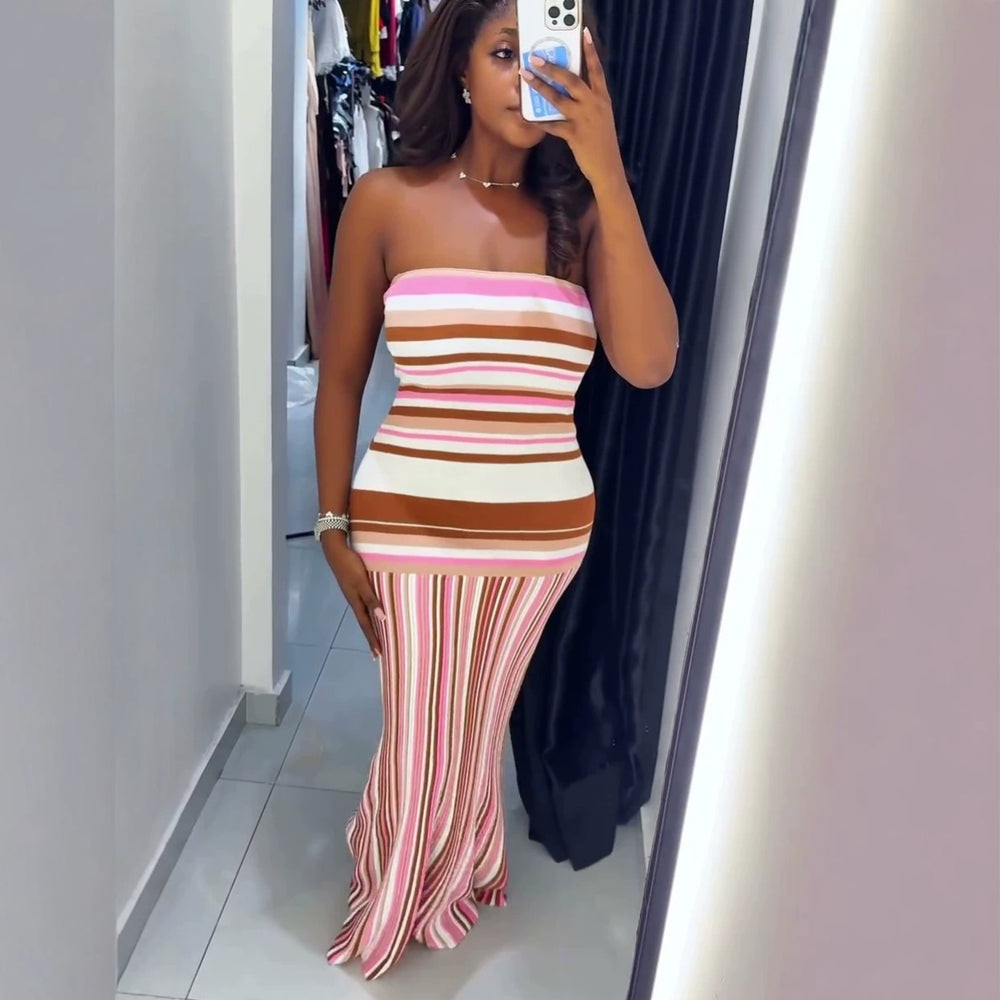 European and american cross-border women's fashion  summer new arrival: elegant bandeau striped sleeveless bodycon mini dress