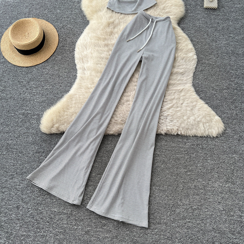 Minimalist sleeveless tank top & high-waisted striped flare pants set - women's summer slimming two-piece outfit for a chic and confident look