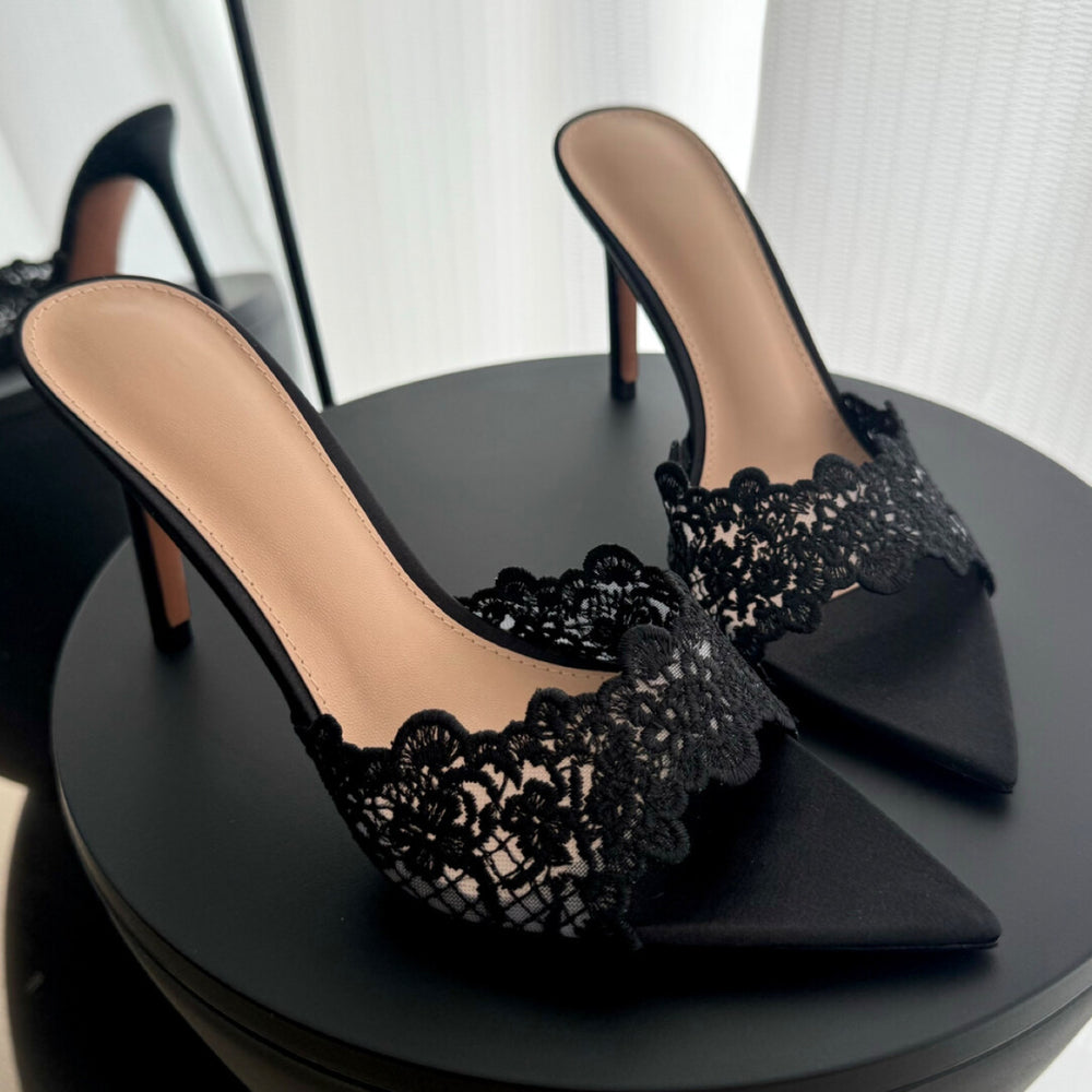 Wo huizhou city 2026 summer high heel light luxury classy lace pointed toe stiletto slippers fashion style fashion elegant