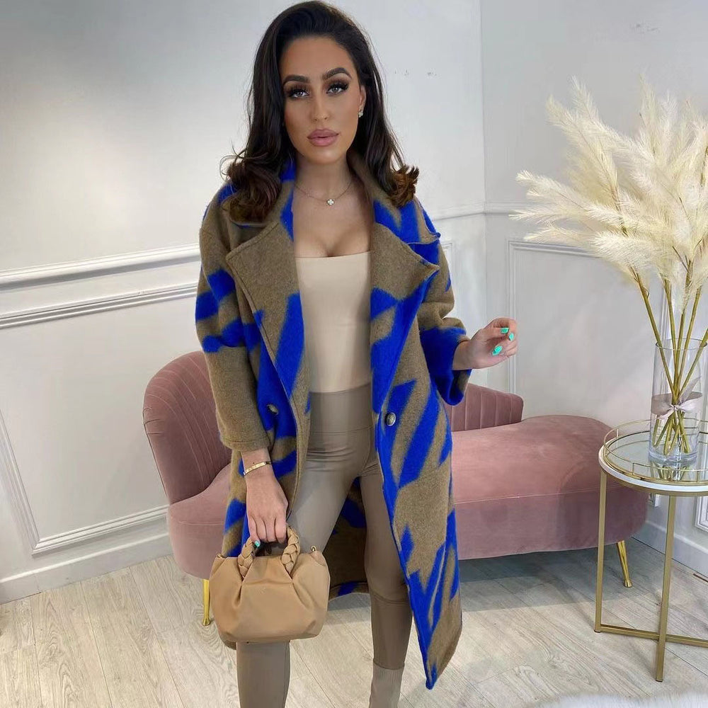 new european and american autumn cross-border women's clothing: various color-blocked fashion long-sleeve turn-down collar outerwear printed woolen coat