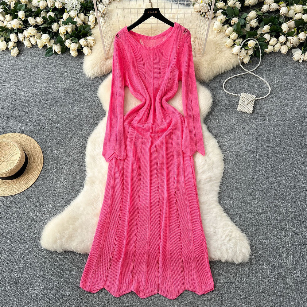 Gentle wind niche styleclassy round neck long sleevescut outknittingdress women's inner suspender skirt layered two-piece set
