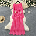Gentle wind niche styleclassy round neck long sleevescut outknittingdress women's inner suspender skirt layered two-piece set