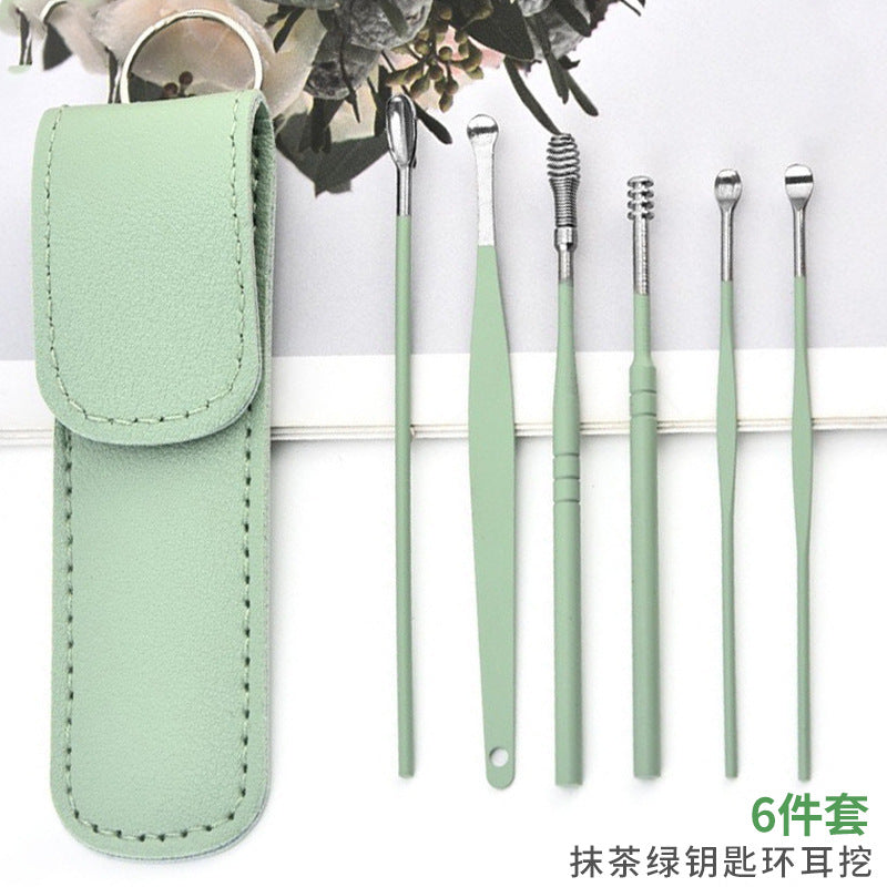 Ear pick leather case 6-piece set spiral spring ear pick six-piece set ear cleaner ear pick ear picking tool
