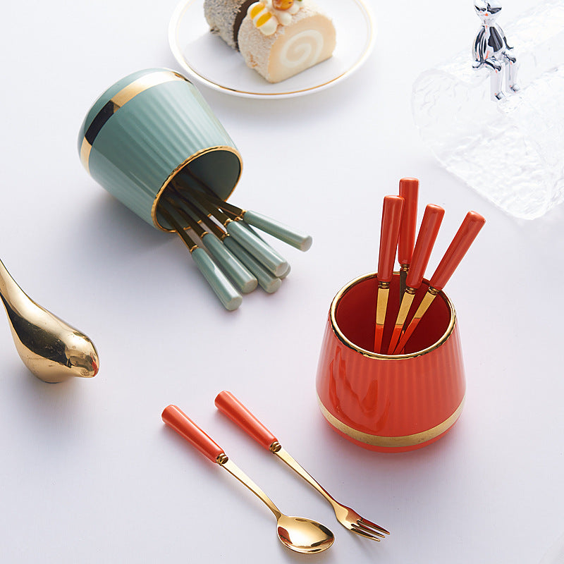 Luxury stainless steel fruit fork set - high-end dessert forks with storage jar, creative spoon and fork combination for home use