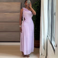 European and american cross-border women's fashion:  autumn new arrival - elegant ruffle-trimmed, cropped waist, purple, slim-fit, sleeveless maxi dress