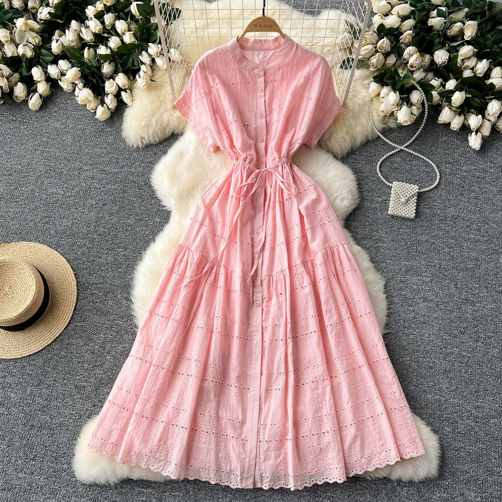 French gentle style sense of design drawstring waist round neck short sleeve single breasted cut outembroiderslimming lookelegantdress