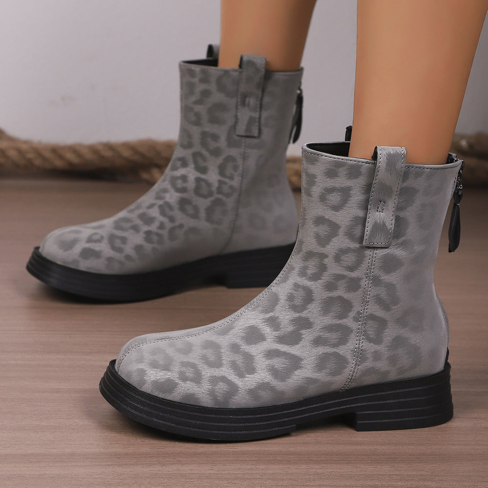 autum leopard print british styleplus size back zipper short boots thick sole round toe retroexportboots women's wholesale