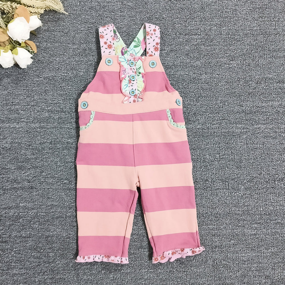 Original girls' spring/autumn pink striped overalls with floral print, mint green lace trim, soft, comfortable, and sweet long pants