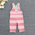 Original girls' spring/autumn pink striped overalls with floral print, mint green lace trim, soft, comfortable, and sweet long pants