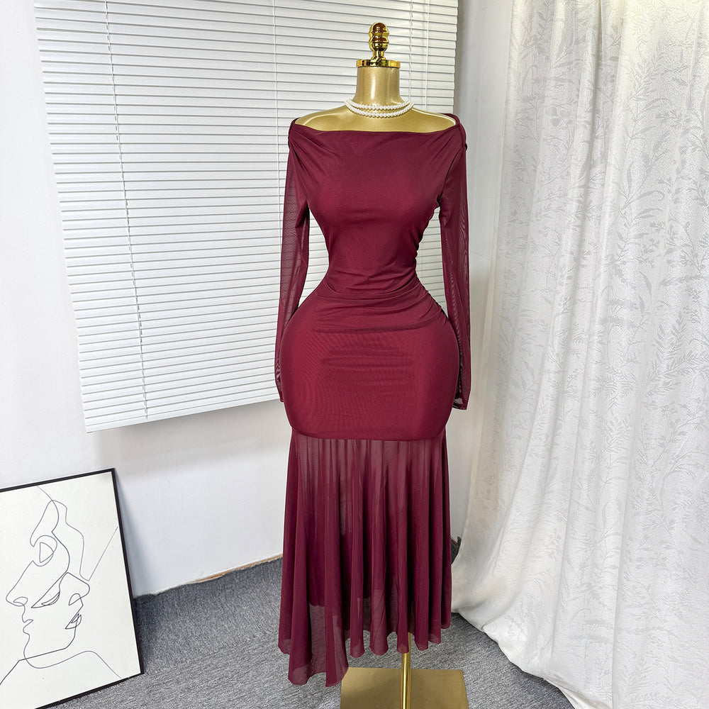 Pure desire sexy burgundy long sleevesdress women's frenchsilm a-line skirthigh waisteleganceelegant long skirt