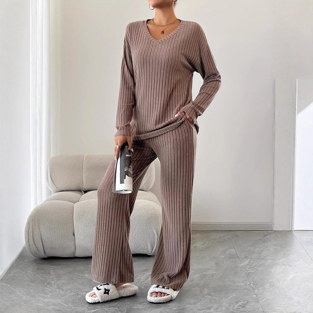 Influencer's choice:  fall/winter ribbed knit brushed cotton loungewear set - versatile for home or out, cross-border fashion casual
