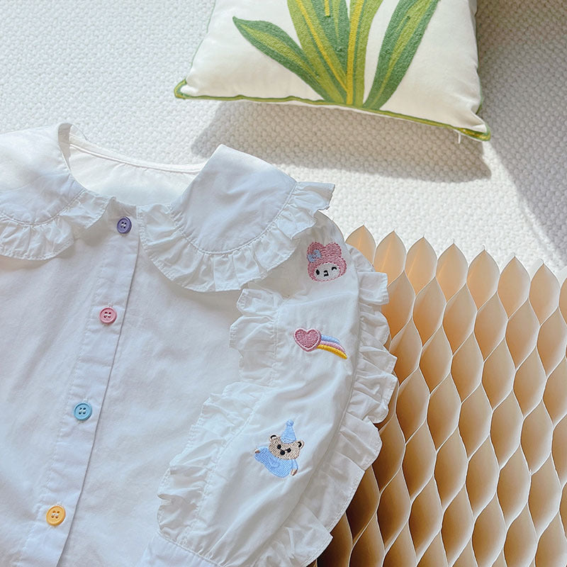 Girls' autumn  new arrival: pure cotton blouse - stylish, versatile, korean style embroidered bear top - trendy spring & autumn fashion