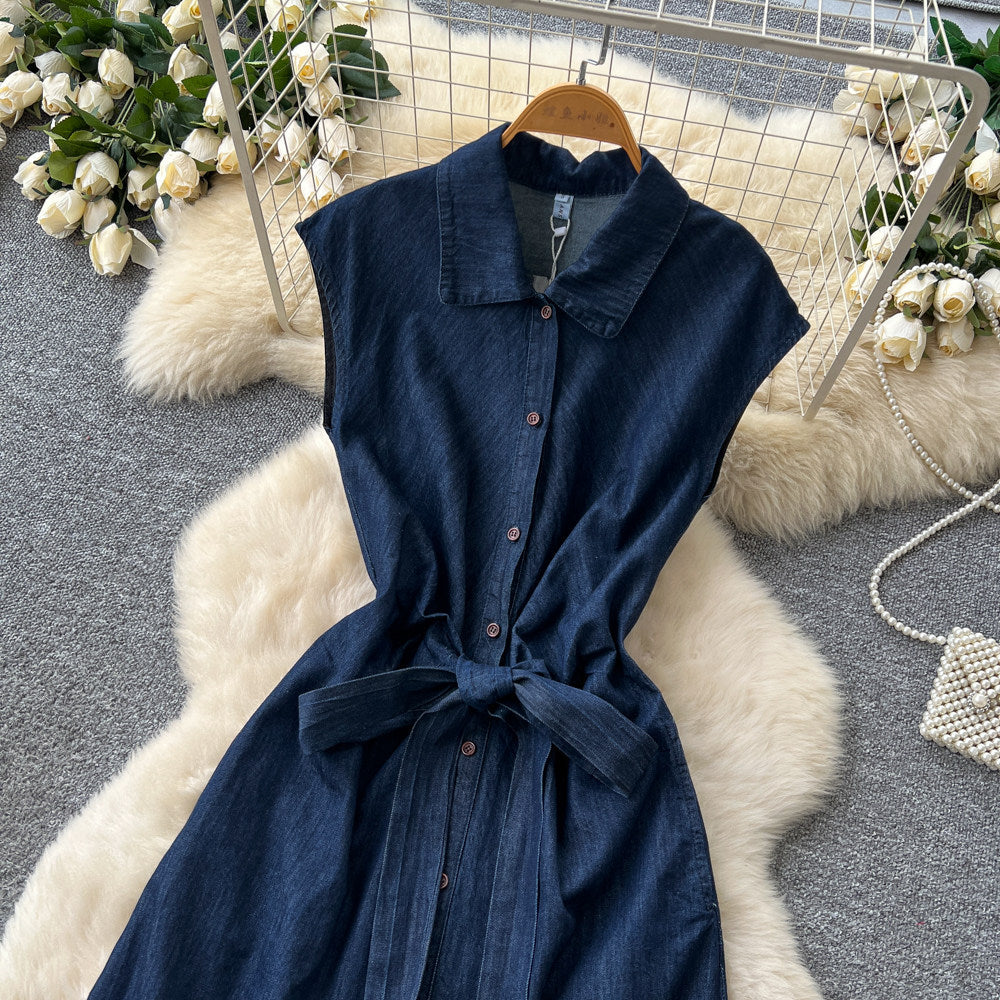 Korean style sleeveless denim dress for women,  summer design, tie-waist, slimming shirt dress, maxi length