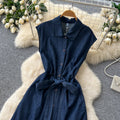 Korean style sleeveless denim dress for women,  summer design, tie-waist, slimming shirt dress, maxi length