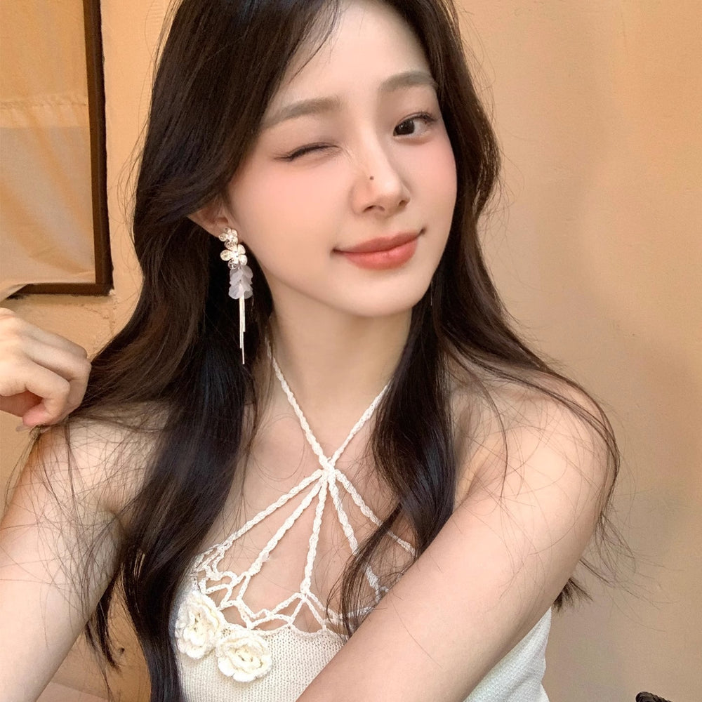 Super sparkling zircon flower beach vacation style tassel long earrings for women, square and round face earrings, 2025 new high-end design