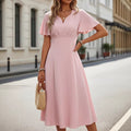 French chic dress - new summer collection: short sleeve v-neck a-line midi dress - perfect for vacation, work, and everyday wear
