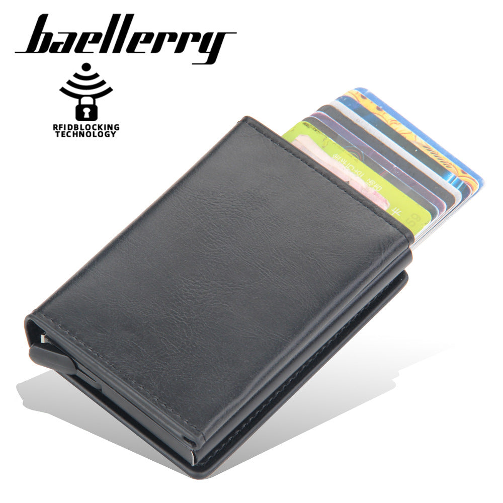 Baellerry's new men's card bag aluminum box anti-magnetic and anti-theft short automatic elastic card type high-sense card cover for men