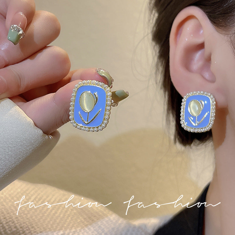 Blue tulip flower stud earrings with pearl accents - women's luxury, high-end, elegant earrings - new 2026 bestseller