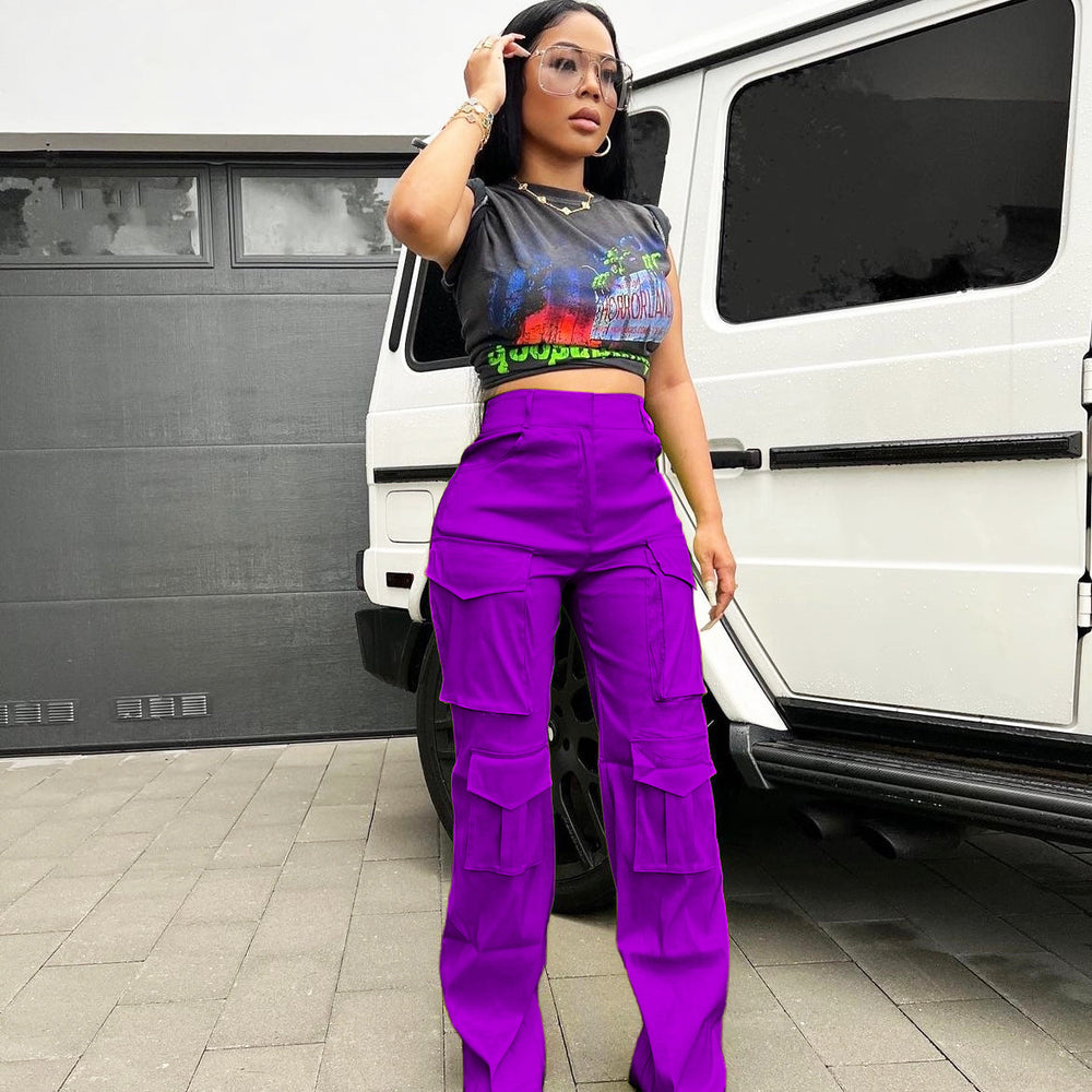 e-commerce source of goods fashionfashioncasual women's pure color multi-flap pocket pantsworkwearpants