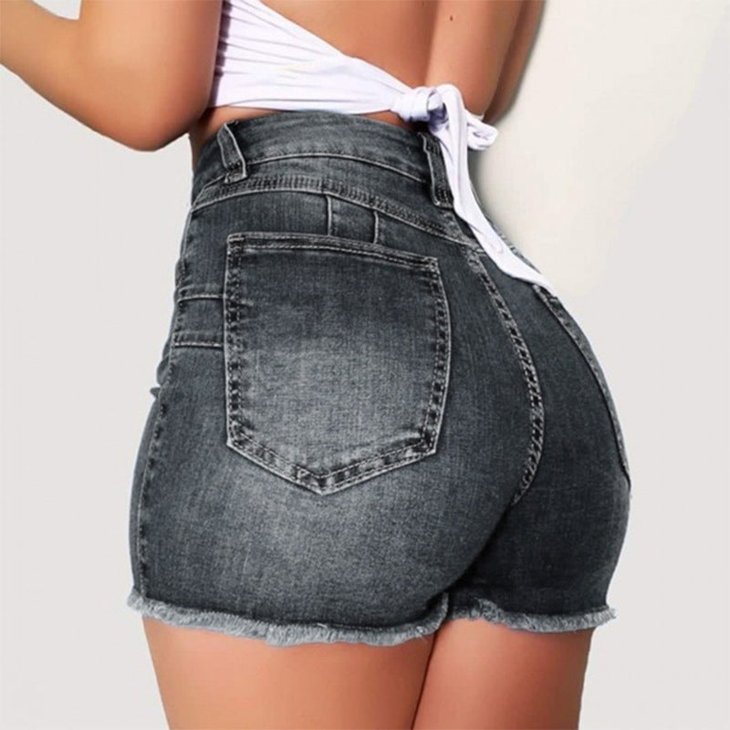 Amazon  hot selling denim shorts women's summer ins trendy high waist hem elastic ripped washed jeans