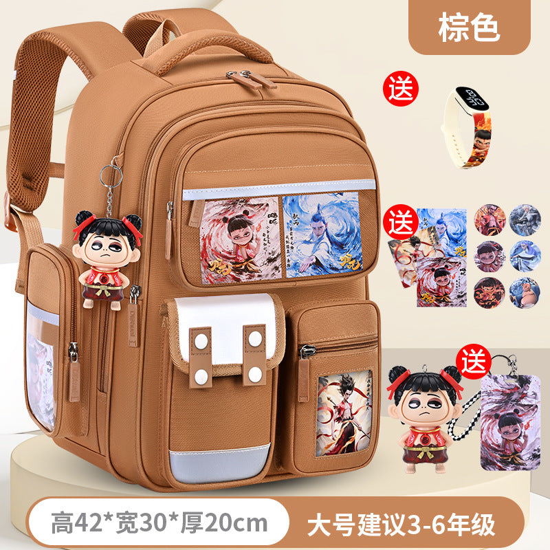 New nezha backpack for boys and girls, grades 1-6: spine protection, lightweight design, and extra-large capacity