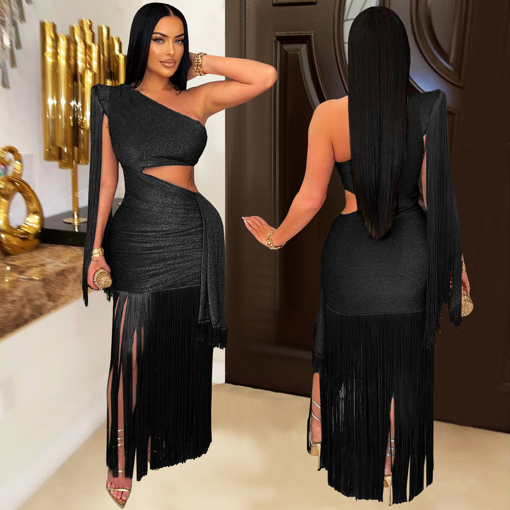 C7428 cross-border   fashion women's sexy casual one-shoulder tassel maxi dress