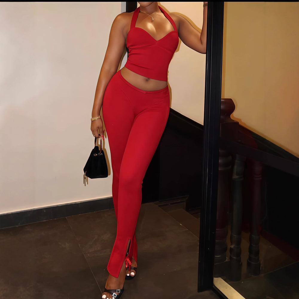 European and american cross-border women's fashion:  autumn new arrival - solid color sleeveless halter neck sexy top & leggings casual set