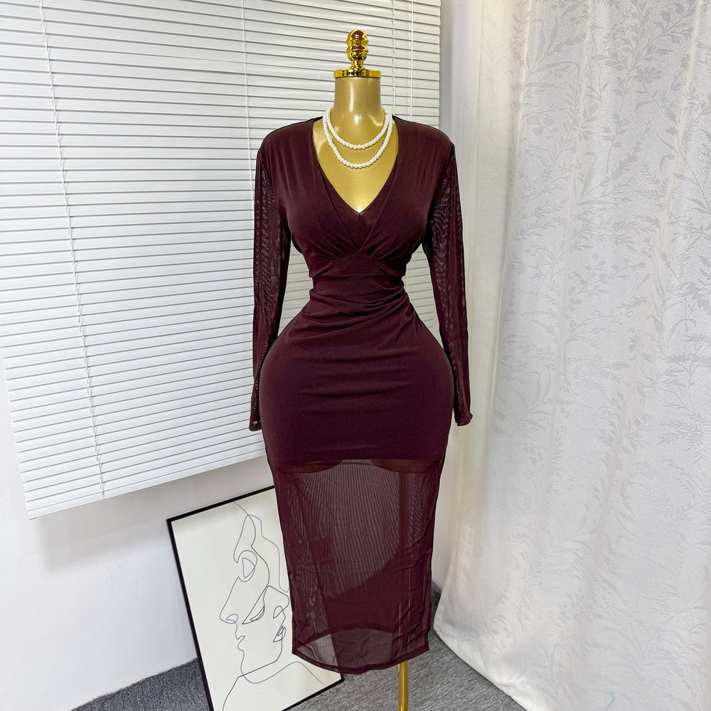 European and american cross-border e-commerce spring/autumn new v-neck stretch mesh bodycon sexy solid color midi dress