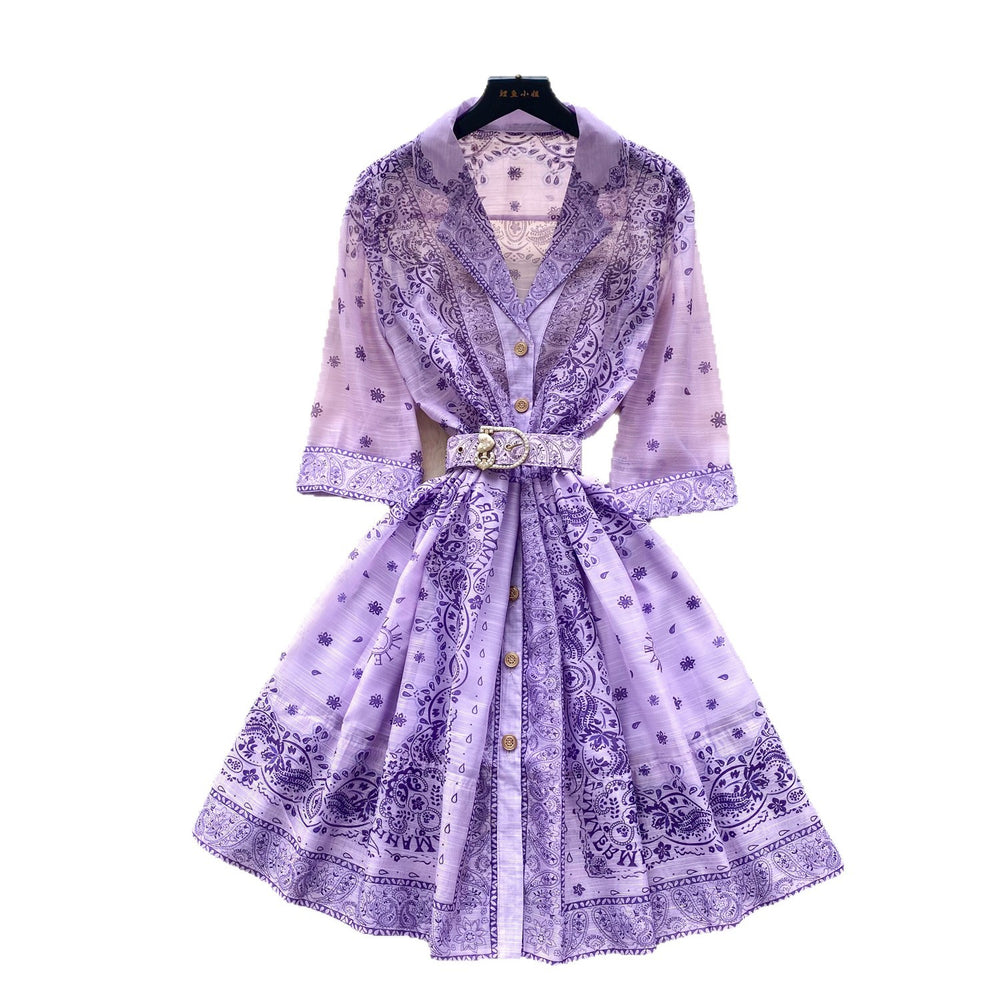 Frenchretrofashionable suit collar half length sleeves strap waist printingdress women's summer slimming look single-breasted short skirt