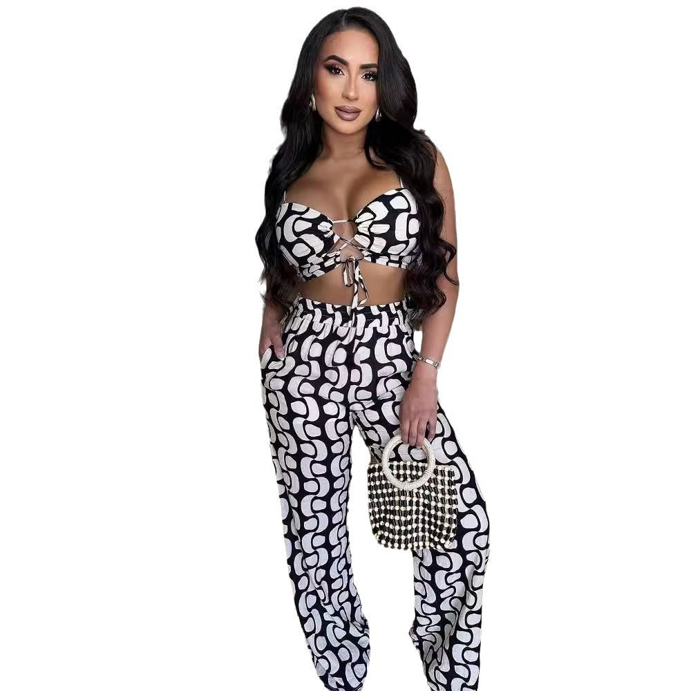 S10832 Europe and America, two-piece set of printed straps, hollowed-out suspenders, wide-leg pants