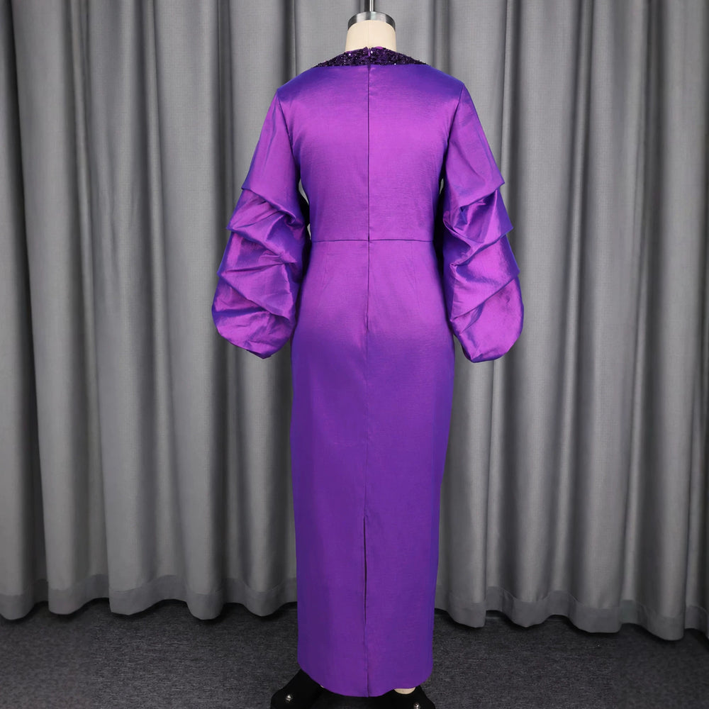 New sequin patchwork lantern sleeve dress - ruched waist, slim fit african robe, evening gown for banquets
