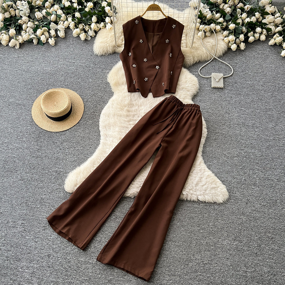 Lightly mature elegance style work clothingtwo-piece set female summerelegant beaded sleeveless vest loose pantsslimming lookfashionsuit