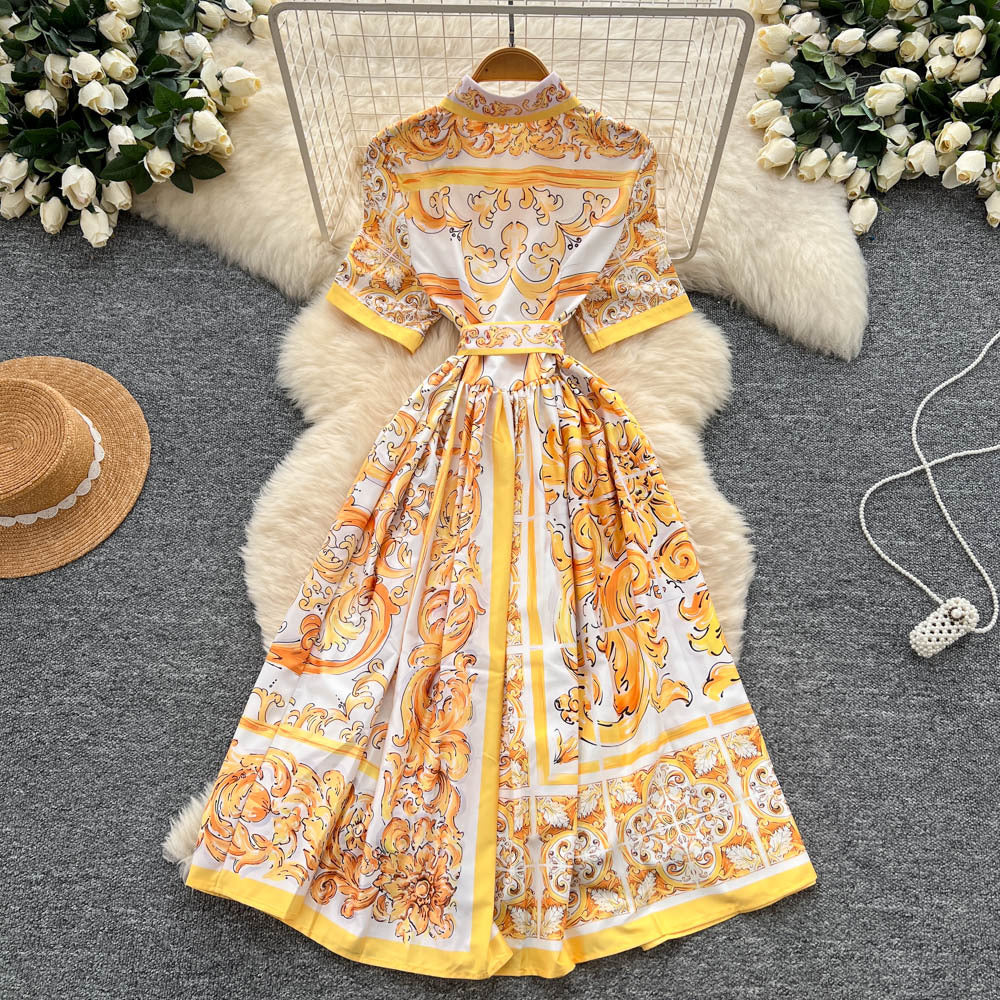 European and american niche style court-inspired placement print dress - women's summer high-end tie-waist single-breasted shirt dress