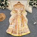 European and american niche style court-inspired placement print dress - women's summer high-end tie-waist single-breasted shirt dress