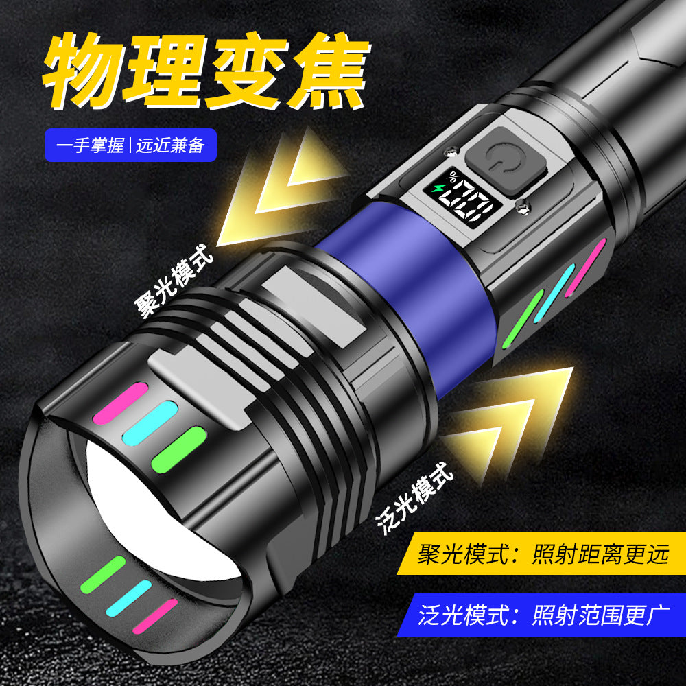 Cross-border new hot-selling strong light digital flashlight outdoor charging super bright focusing emergency self-defense household flashlight