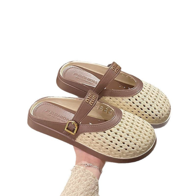 2025 summer new arrival: woven, hollow-out, breathable, minimalist, versatile, casual, comfortable, low-cut, wearable-out, flat, half-slipper women's shoes