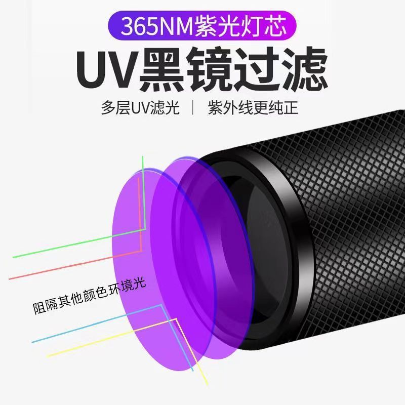 Cross-border purple light flashlight downlight black mirror 365 fluorescent ultraviolet light banknote inspection portable portable with mini flashlight