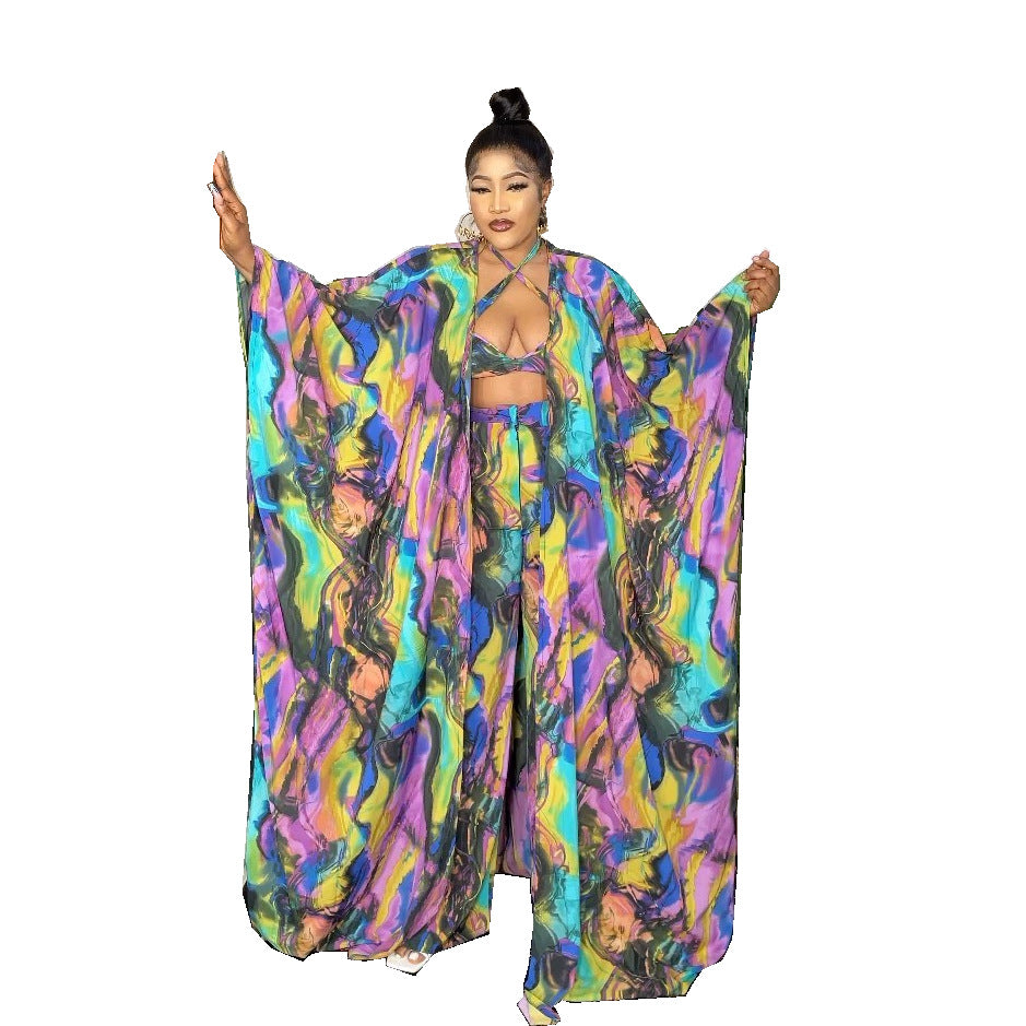 Fashionable digital print loose robe with wide-leg pants, bra, and headscarf 4-piece set - african women's clearance