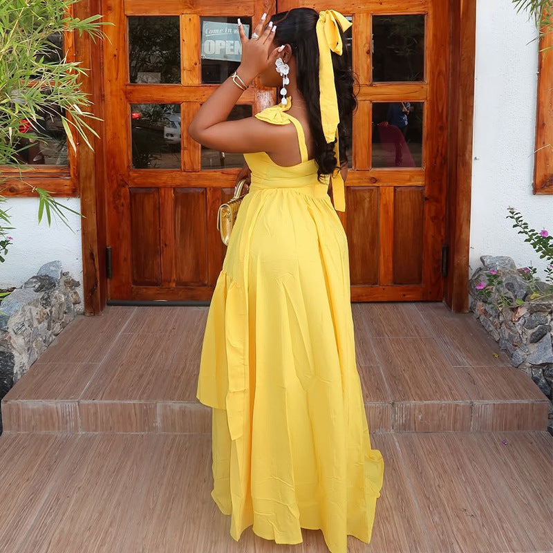 European and american cross-border women's fashion  summer new arrival: elegant yellow asymmetrical long bowknot camisole dress
