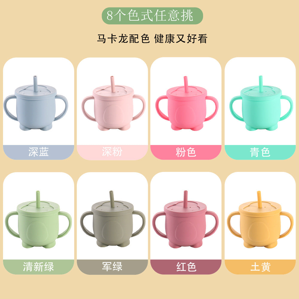 Factory baby silicone binaural straw cup drop resistant high temperature resistant baby drinking cup penguin water cup feeding tableware