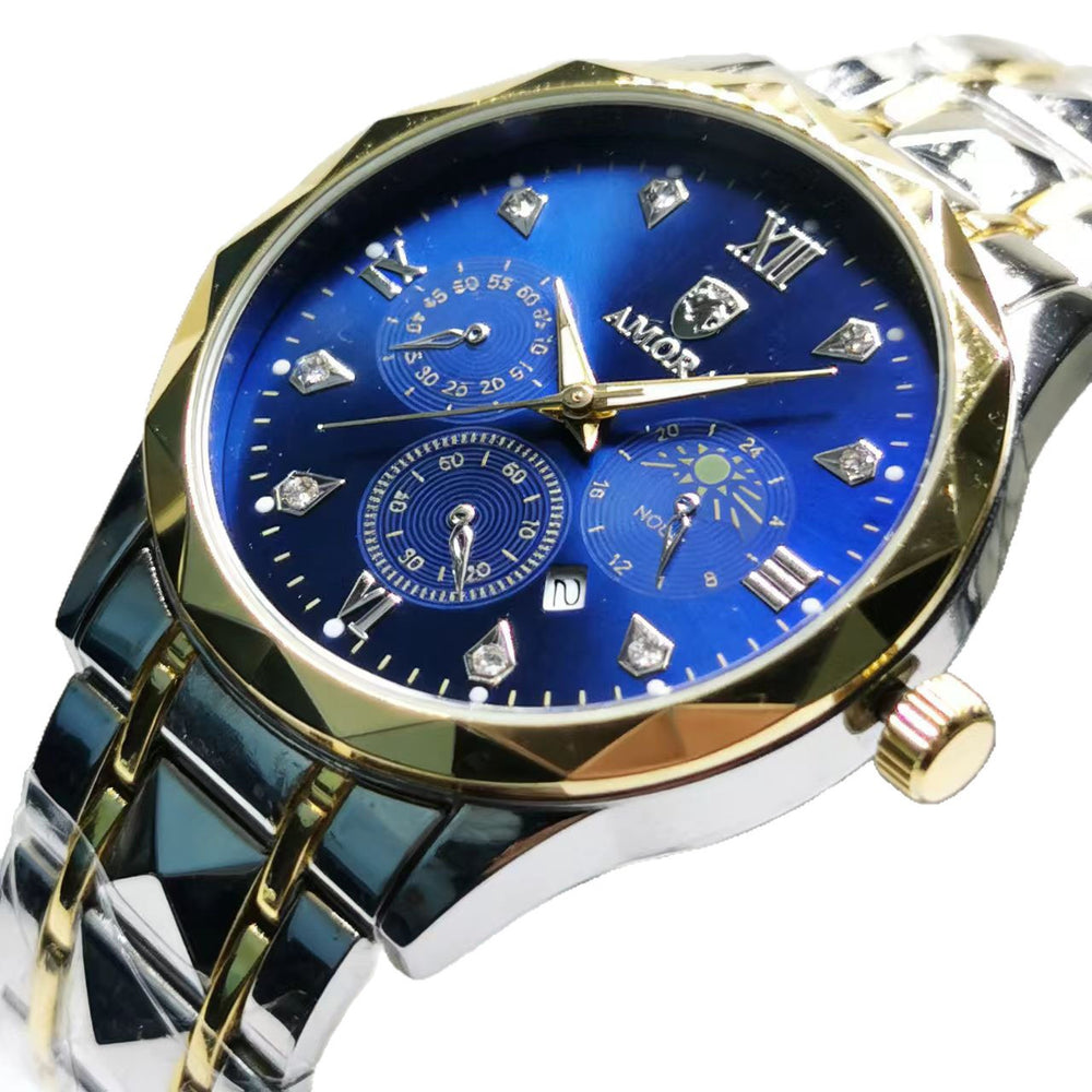 Dropshipping diamond-accented calendar multifunctional moon phase trendy fashion quartz men's watch waterproof luminous men's watch