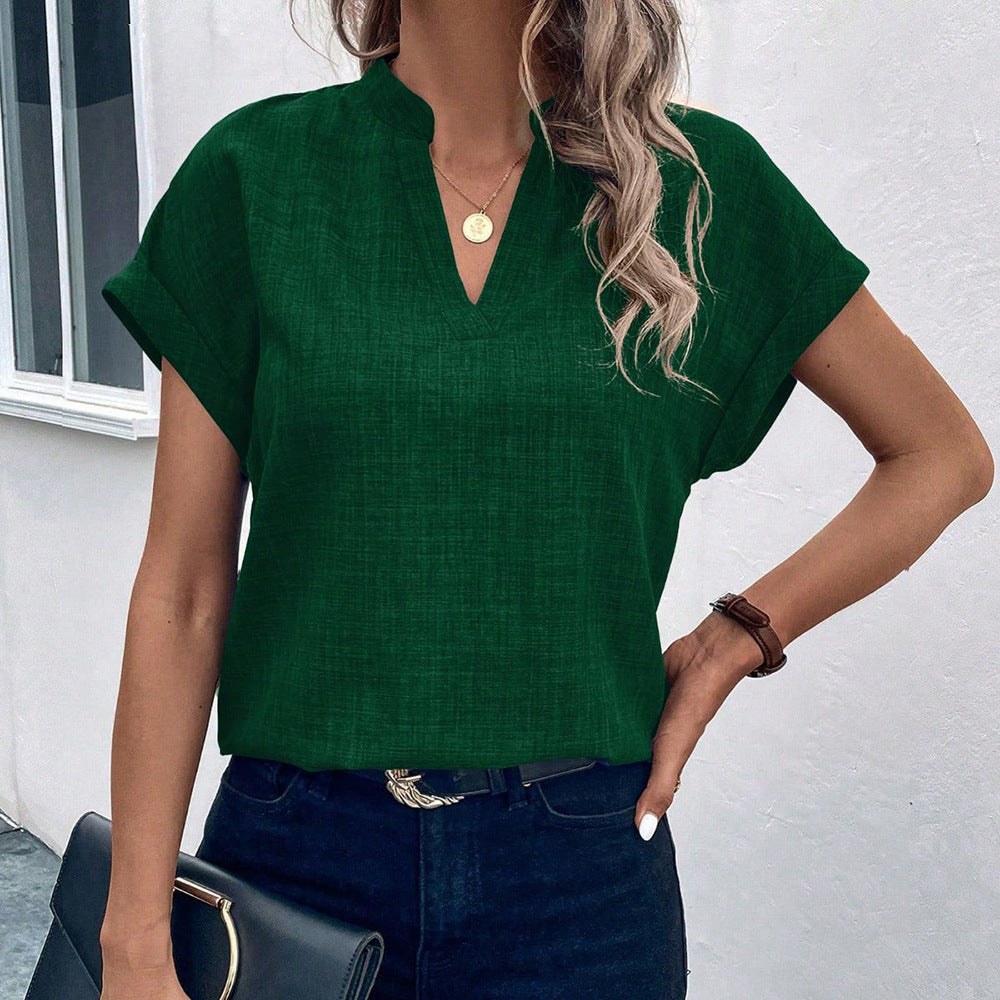 European and american cross-border women's fashion:  summer new arrivals - minimalist chic v-neck short-sleeve linen blouse/shirt for women